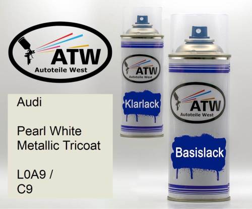 Audi, Pearl White Metallic Tricoat, L0A9 / C9: 400ml Sprühdose + 400ml Klarlack - Set, von ATW Autoteile West.